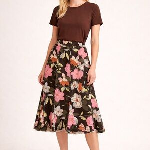 Elementz Skirt | Floral Linen Rayon Midi | Brown Pink | Ruffle Hem | Size L